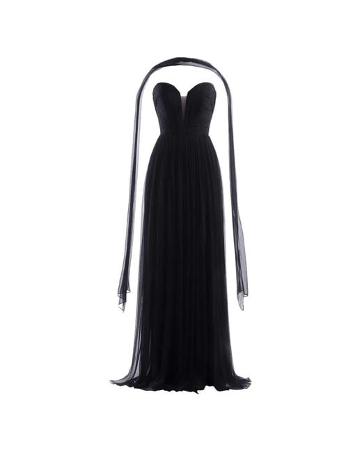 IMROSKA Black Iris Plunging-Neckline Draped Maxi Gown Dress