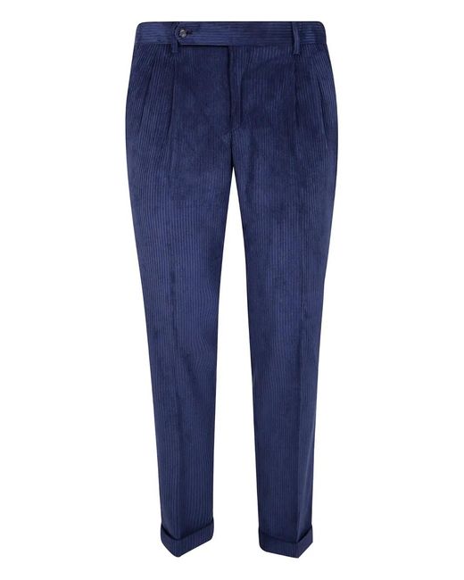 Barba Napoli Blue Pleated Corduroy Trousers for men