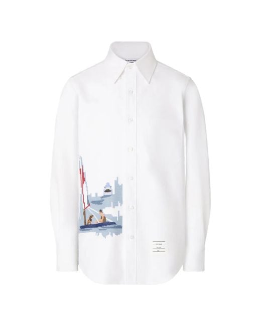 Thom Browne White 4-Bar Scenic-Intarsia Oxford Shirt for men