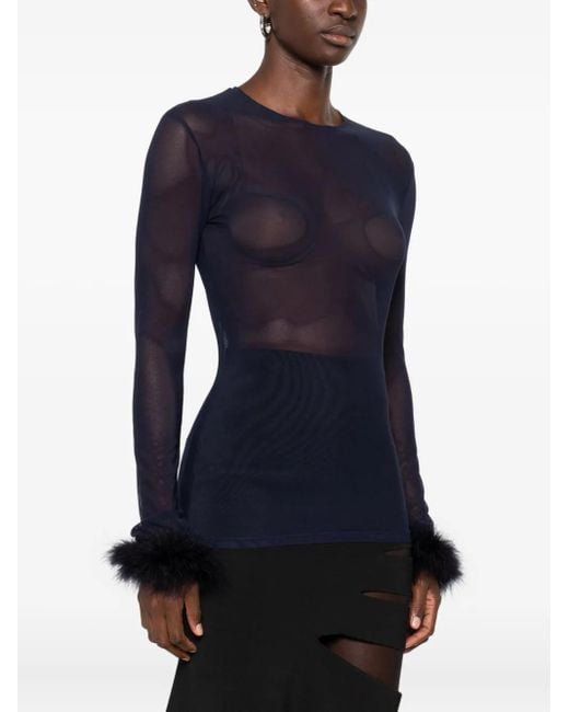 Mugler Blue Mesh Feather-cuff Top