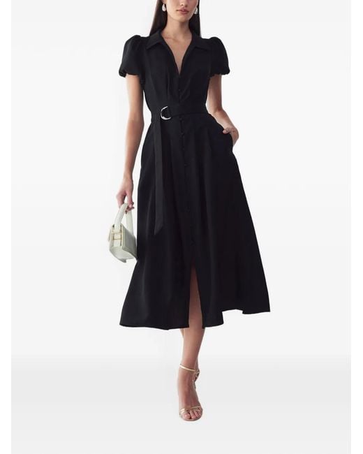 Willa Black Belted Puff-Sleeve Midi Dress
