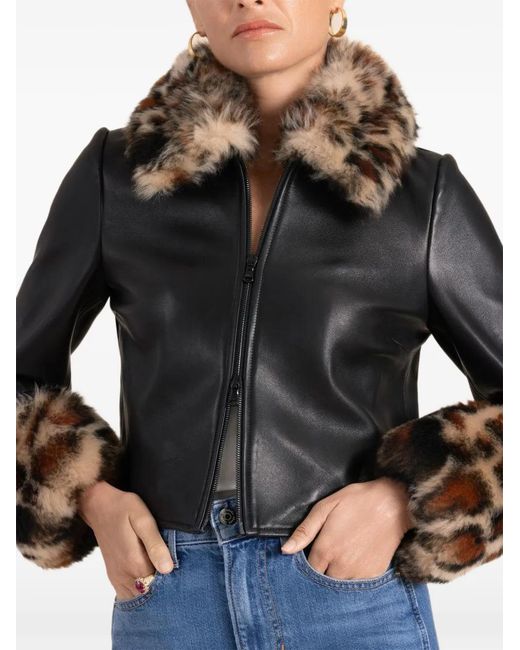 Susan Bender Black Leopard-Trim Leather Jacket