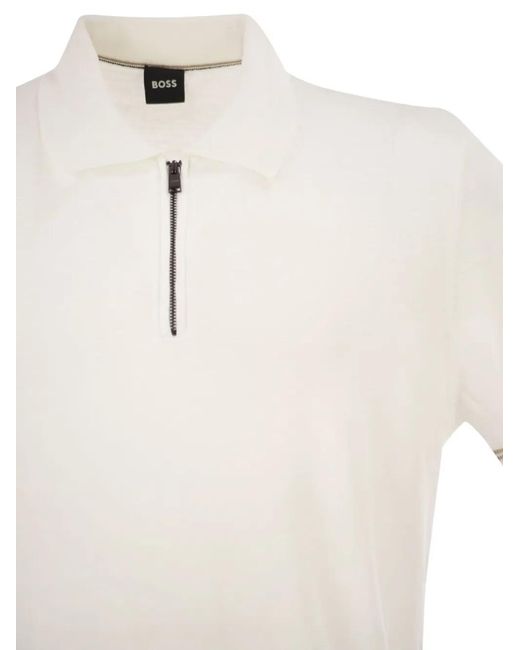 Boss White Half-Zip Striped-Trim Polo Shirt for men