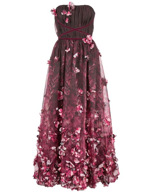 Marchesa notte Purple 3d Draped Floral Print Organza Tea Length Dress
