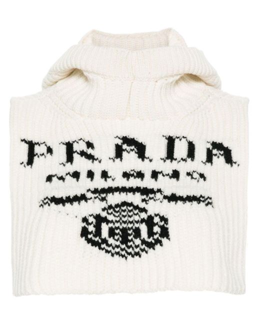 Prada White Intarsia-Knit Logo Neckwarmer