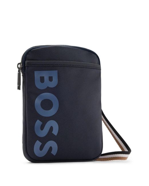 Boss Blue Logo-Print Canvas Crossbody Bag for men