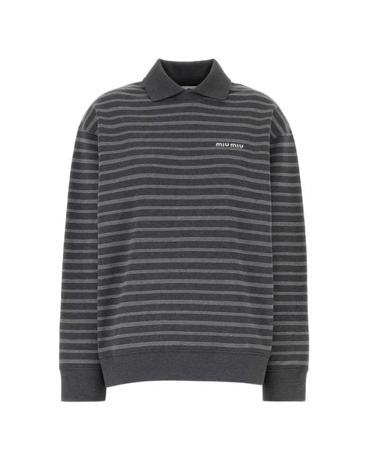 Miu Miu Gray Striped Polo-Collar Sweatshirt