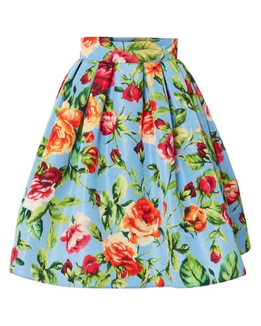 Carolina Herrera Blue Floral-Print Buckle-Fastening Skirt