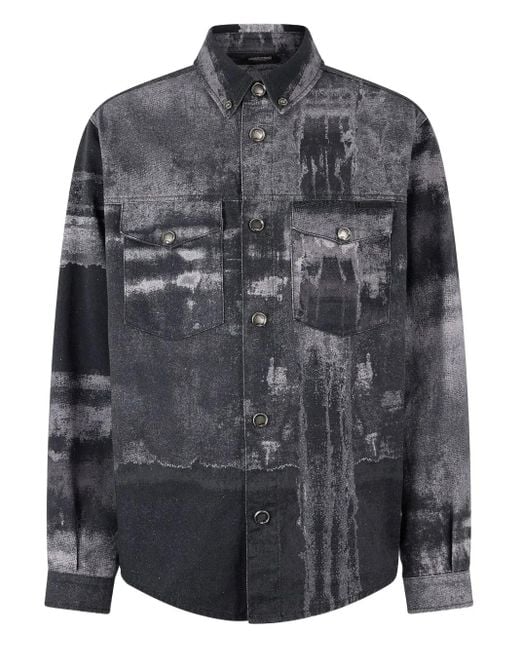 Roberto Cavalli Black Abstract-Print Denim Shirt for men