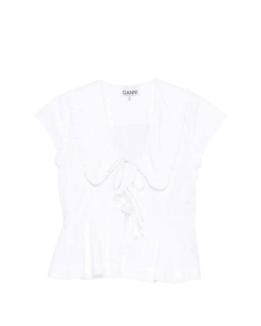 Ganni White Ruffled-Collar Peplum Blouse