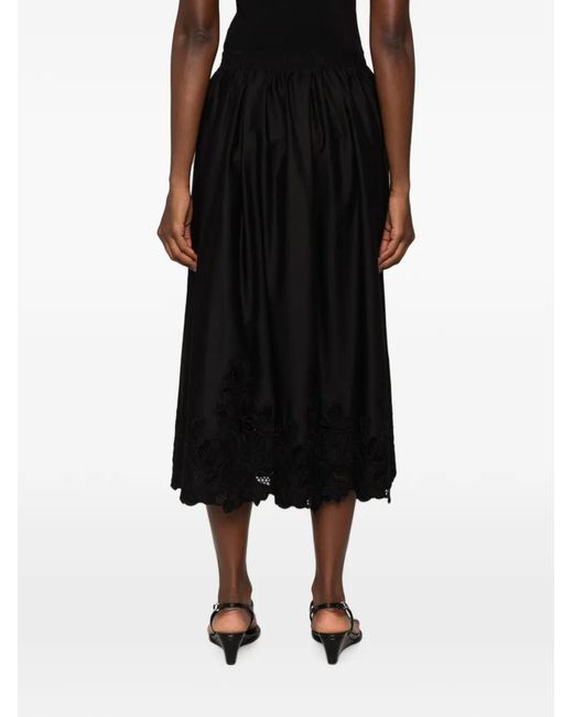 Ermanno Scervino Black Floral-Embroidered Pleated Midi Skirt