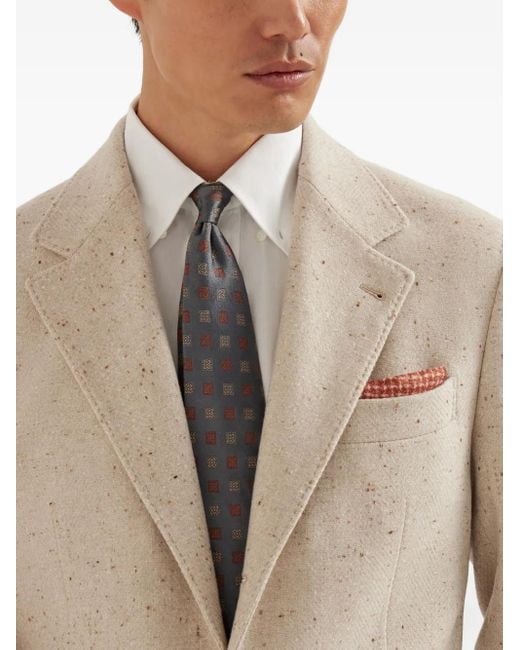 Brunello Cucinelli White Square-Patterned Silk Tie for men