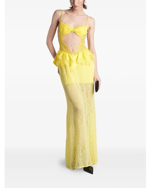 David Koma Yellow Lace-Trimmed Peplum-Waist Dress