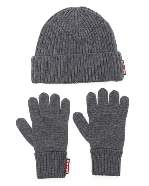 DSquared² Gray Wool Beanie And Gloves Set for men