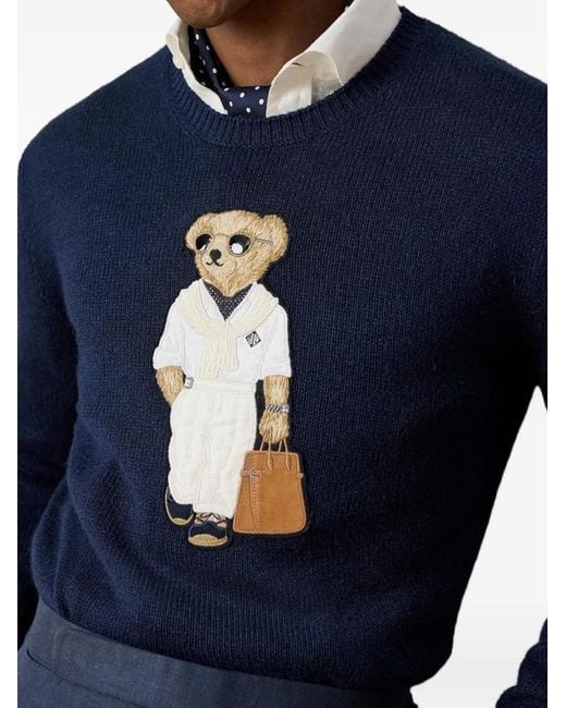 Ralph Lauren Blue Bear-Appliqué Crew-Neck Sweater for men