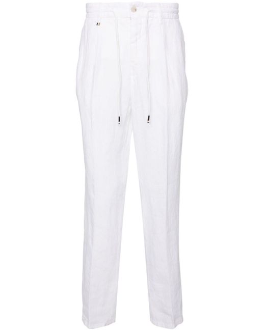 Boss White Drawstring Linen Tapered Trousers for men