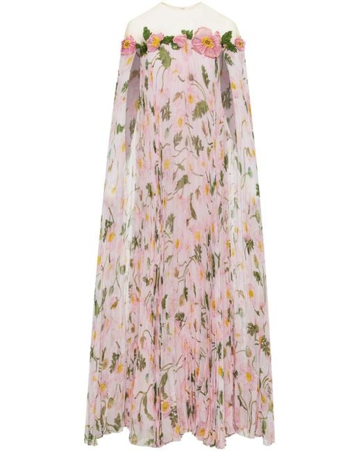 Oscar de la Renta Pink Painted Poppies-print Pleated Kaftan Maxi Dress