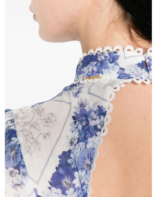 Twinset Blue Long-Sleeve Floral-Detail Mini Dress