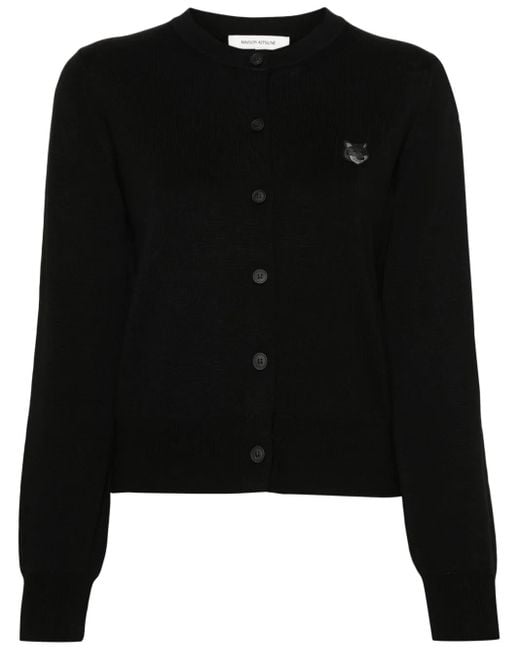 Maison Kitsuné Black Wool Cardigan With Button-Down Front And Embroidered Logo