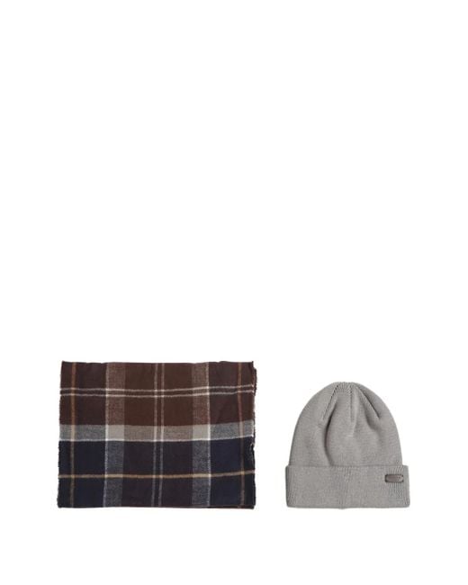 Barbour Gray Checked Scarf And Beanie Set for men