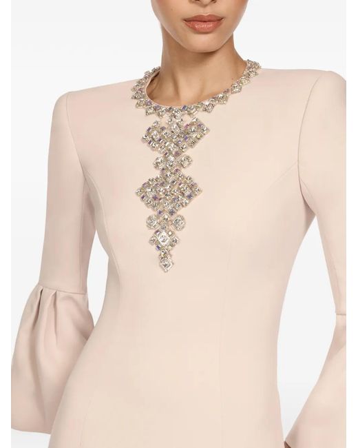 Jenny Packham Natural Margoni Front-Embellished Bell-Sleeve Midi Dress