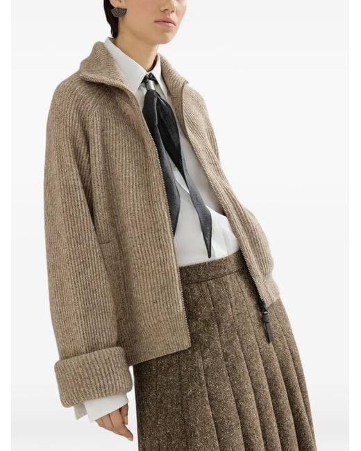 Brunello Cucinelli Natural Sparkling Cashmere, Mohair And Wool Ribbed Cardigan With Shiny Zipper Pull