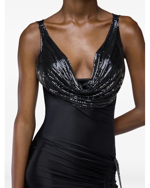 Rabanne Black Mesh-Panel Cowl-Neck Maxi Dress