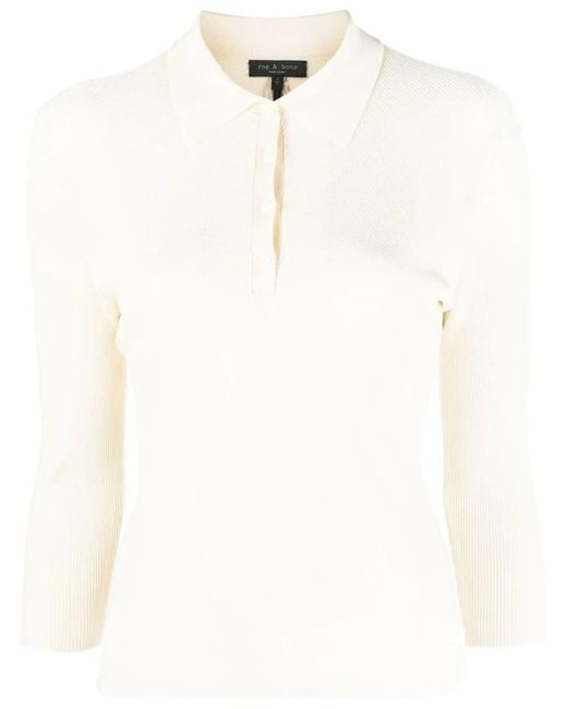 Rag & Bone White Pacey Ribbed-Knit Polo Top