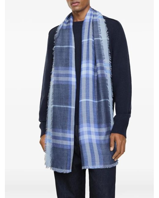 Burberry Blue Reversible Check Wool Silk Scarf