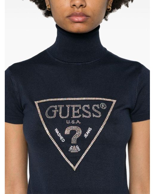 Guess USA Blue Crystal-embellished Logo Knitted Top