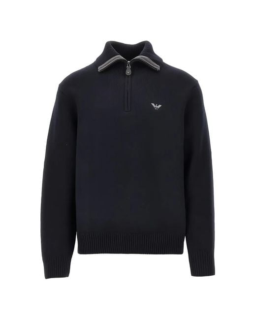Emporio Armani Blue Hong Kong Capsule Collection Half-Zip Logo-Embroidered Sweater for men