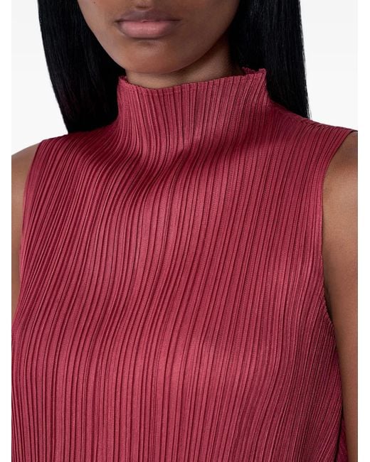 Pleats Please Issey Miyake Red Pleated Stand-Collar Top