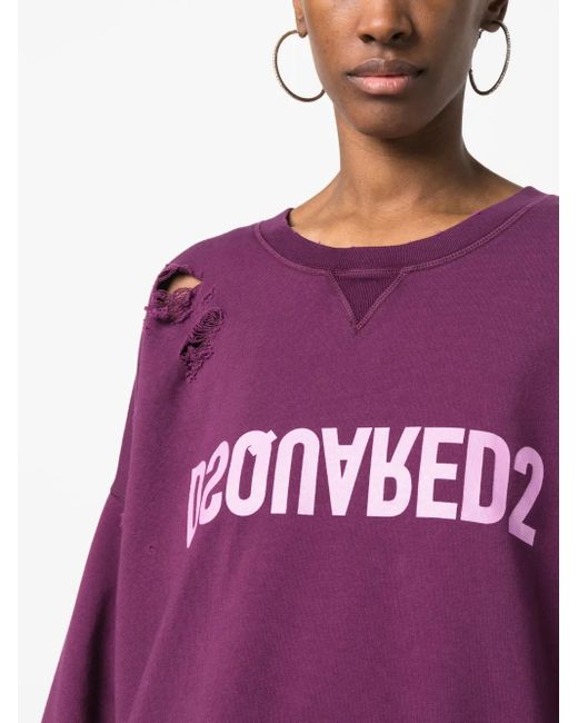 DSquared² Purple Ripped Detailing Logo-Print Hoodie