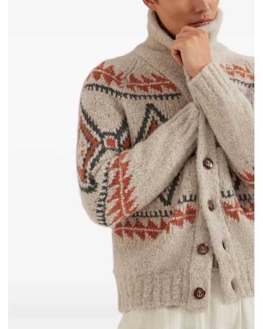 Brunello Cucinelli Gray Geometric-Jacquard Cardigan for men