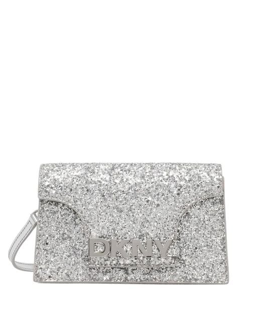 DKNY レディース グレー ロゴプレート ショルダーバッグ