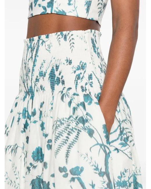 Erdem Blue Botanical-Print Smocked Midi Skirt