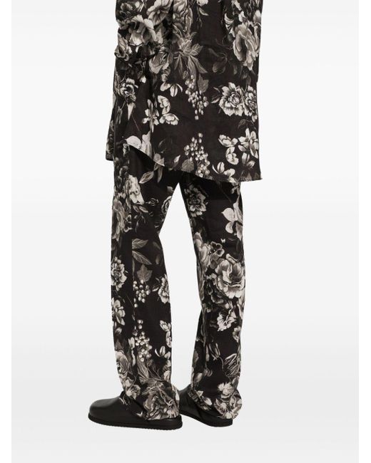 Dolce & Gabbana Black Floral-print Linen Pants for men