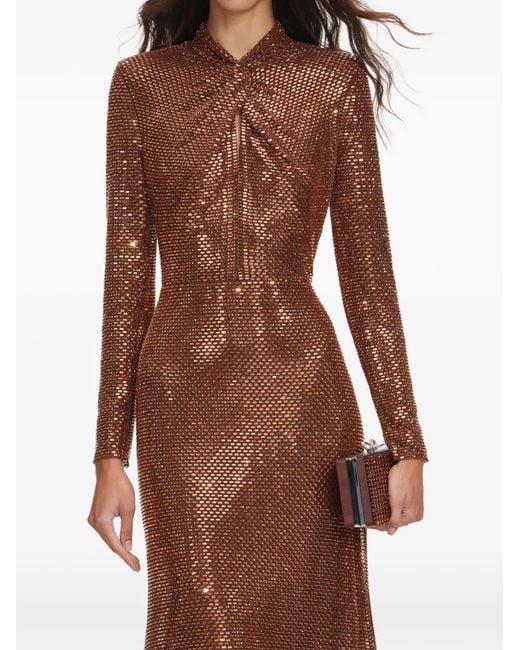 Self-Portrait Brown Rhinestone-Embellished Long-Sleeve Midi Dress