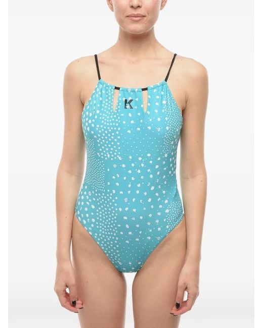 Karl Lagerfeld Blue Logo-Print Open-Back Swimsuit