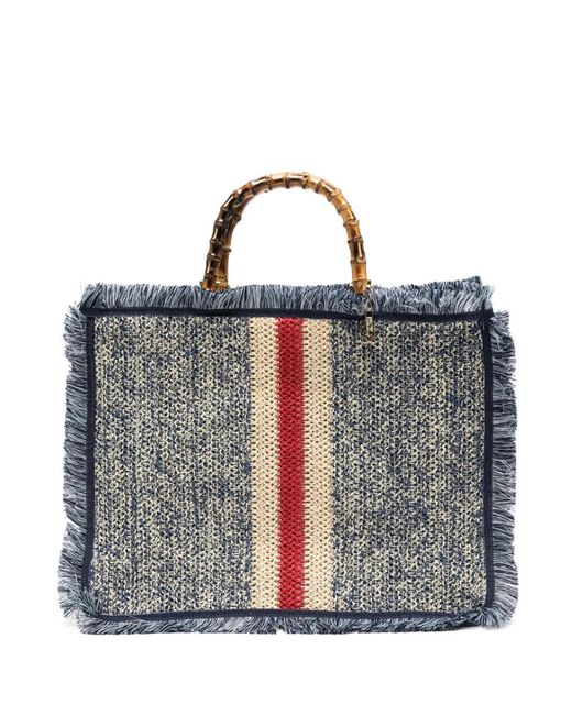 La Milanesa Gray Large Ortensia Bamboo-Handle Fringe-Trim Tote Bag