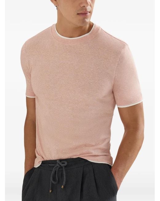 Brunello Cucinelli Pink Linen And Cotton Jersey Crew-Neck T-Shirt With Faux-Layering for men