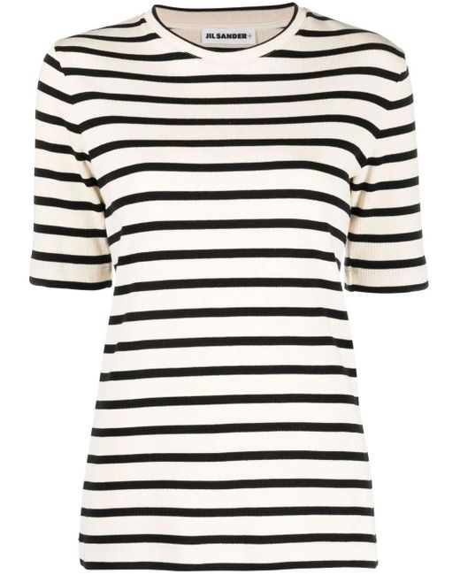 Jil Sander Black Fine Ribbed Striped T-Shirt With Logo Patch