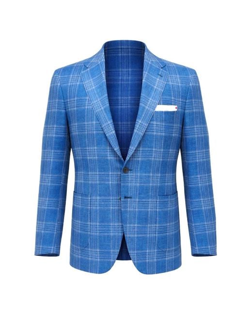 Kiton Blue Plaid Single-Breasted Blazer for men