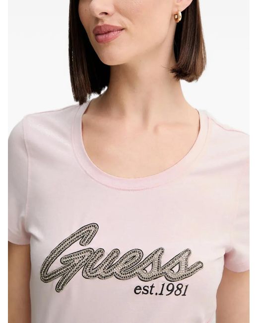 Guess White Rhinestone-Embellished Logo-Print T-Shirt