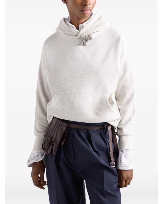Prada White Cotton Fleece Hoodie With Jewel Brooch