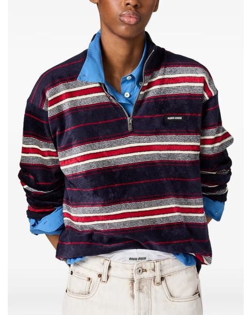 Miu Miu Gestreepte Chenille Trui Met Halve Rits in het Blue