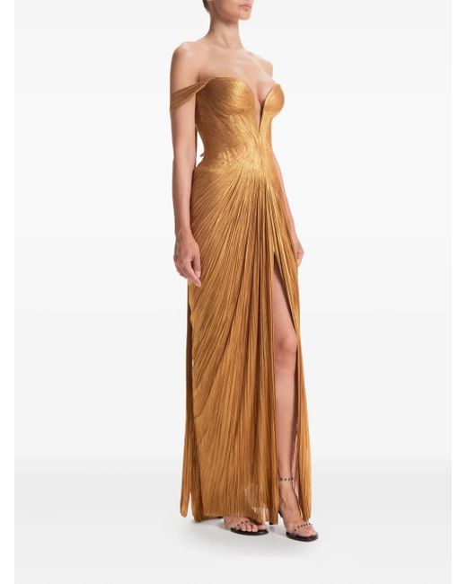 Maria Lucia Hohan Brown Martina Pleated Off-Shoulder Gown