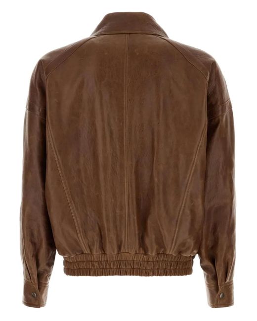 Saint Laurent Brown Double-Breasted Pocket-Leather Jacket for men