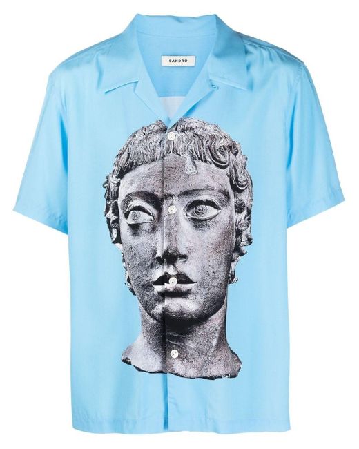 Sandro Blue Statue-print Short-sleeve Shirt for men