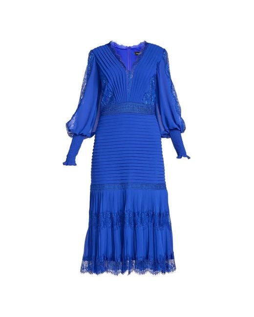 Tadashi Shoji Blue Nyssa Lace-Panelled Pleated Midi Dress